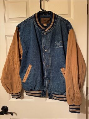 Denim & Tan Varsity Bomber Jacket